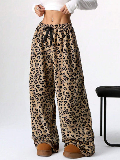 Pants- Leopard Lounge Pants Wide Leg Animal Print Trousers- Brown- IndioGear Women Clothing