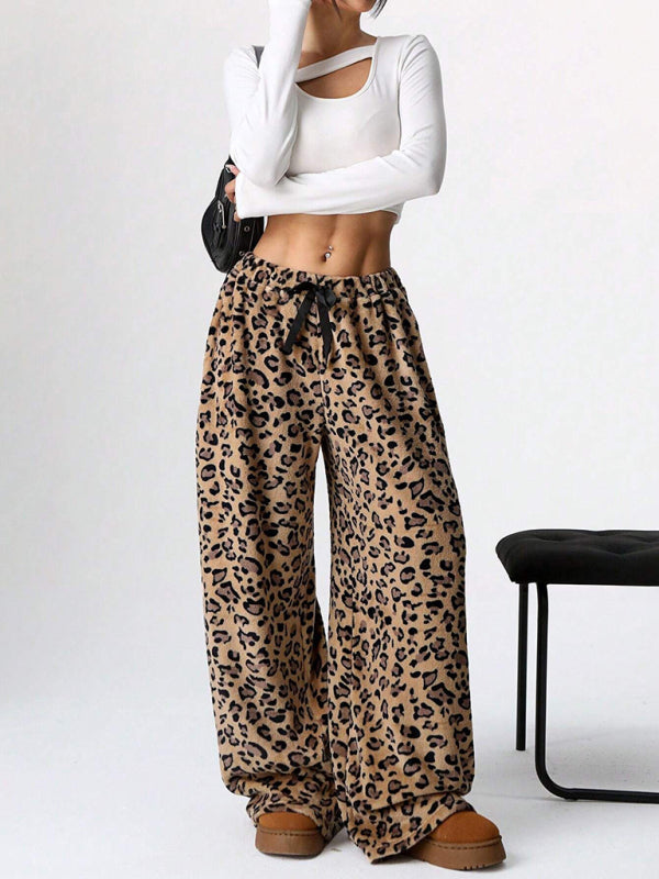 Pants- Leopard Lounge Pants Wide Leg Animal Print Trousers- - IndioGear Women Clothing