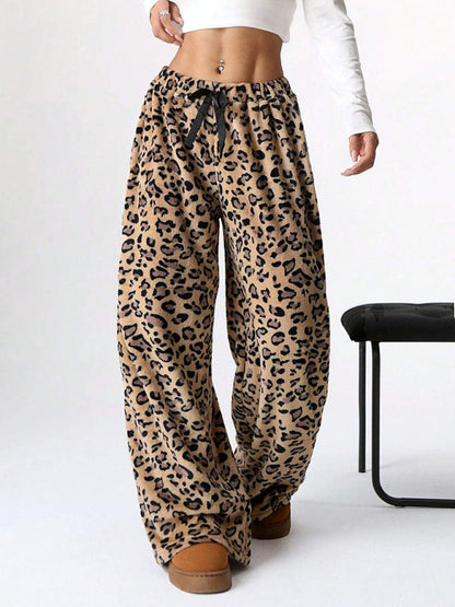 Pants- Leopard Lounge Pants Wide Leg Animal Print Trousers- - IndioGear Women Clothing