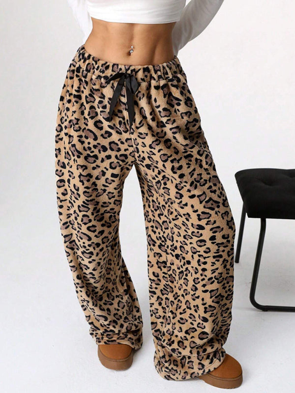 Pants- Leopard Lounge Pants Wide Leg Animal Print Trousers- - IndioGear Women Clothing