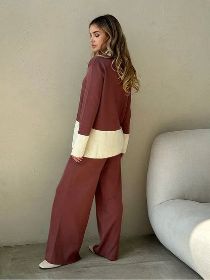 Pants Matching Sets- Knit 2 Piece Matching Set – Sweaters + Pallazo Pants Two Tone- - IndioGear.com