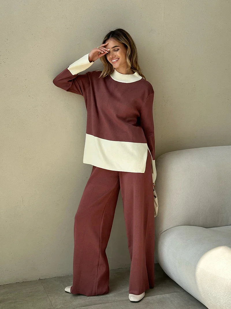 Pants Matching Sets- Knit 2 Piece Matching Set – Sweaters + Pallazo Pants Two Tone- - IndioGear.com