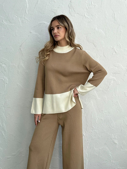 Pants Matching Sets- Knit 2 Piece Matching Set – Sweaters + Pallazo Pants Two Tone- Brown- IndioGear.com