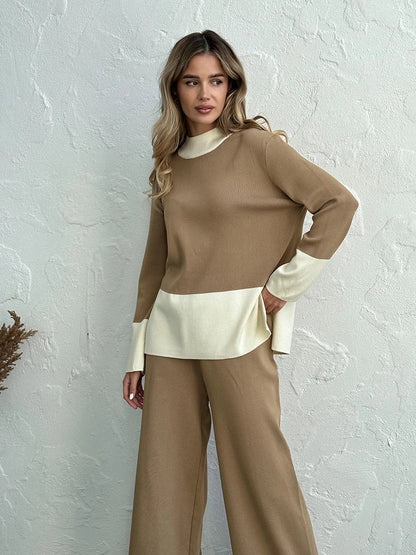 Pants Matching Sets- Knit 2 Piece Matching Set – Sweaters + Pallazo Pants Two Tone- - IndioGear.com