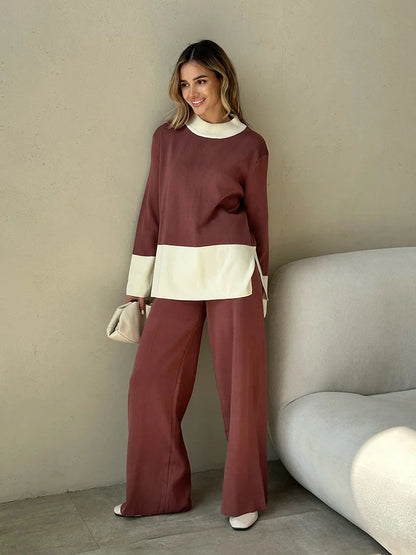 Pants Matching Sets- Knit 2 Piece Matching Set – Sweaters + Pallazo Pants Two Tone- - IndioGear.com