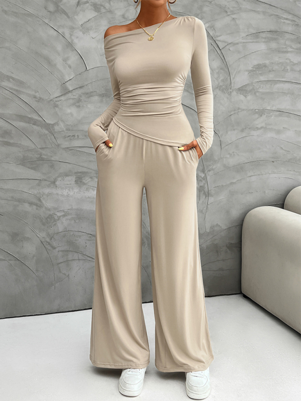 Pants Set- Asymmetry Women's Wide-Leg Pants Set with Long Sleeve Top- Cracker khaki- IndioGear.com