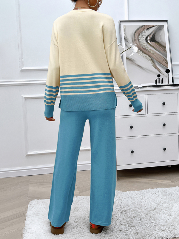 Pants Set- Casual Pants & Sweater Set in Knit Texture- - IndioGear.com