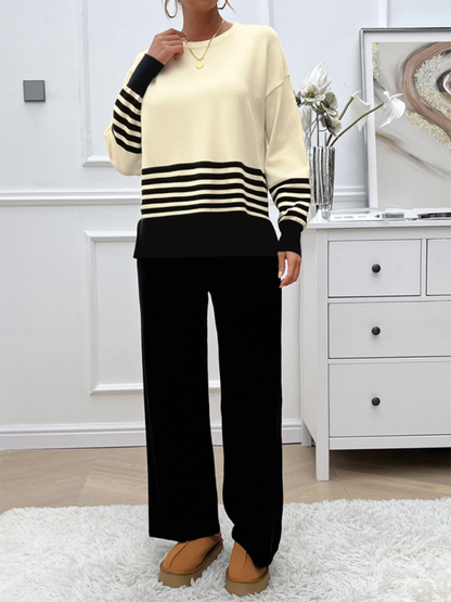 Pants Set- Casual Pants & Sweater Set in Knit Texture- - IndioGear.com