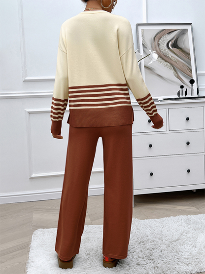 Pants Set- Casual Pants & Sweater Set in Knit Texture- - IndioGear.com