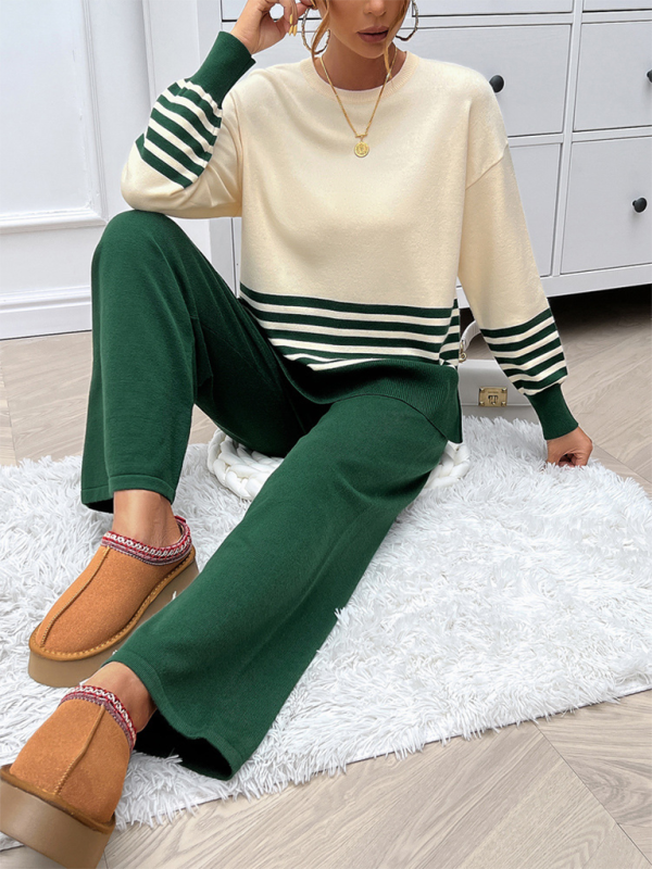 Pants Set- Casual Pants & Sweater Set in Knit Texture- Green- IndioGear.com