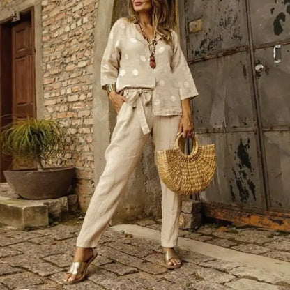 Pants Set- Cotton Lounge Set 3/4 Sleeve Women Blouse & Pencil Pants Outfit- - IndioGear.com