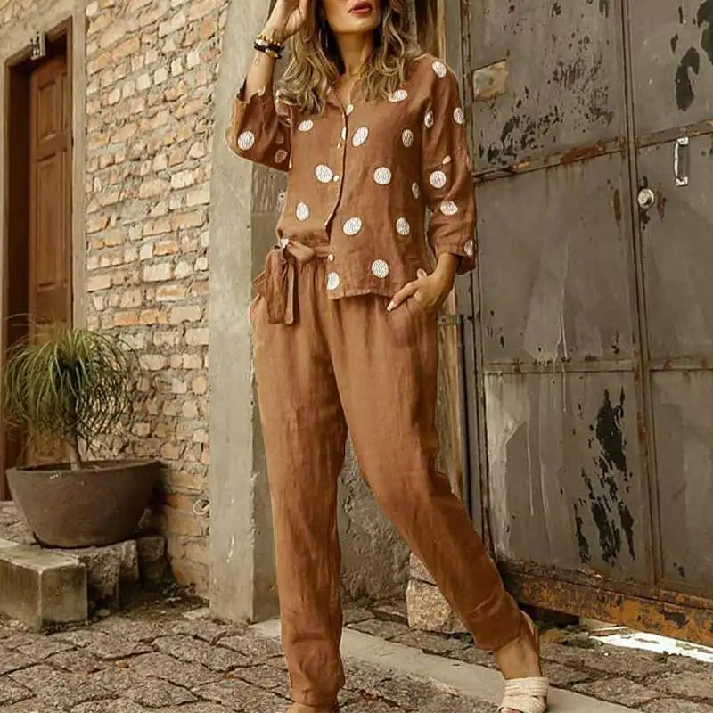 Pants Set- Cotton Lounge Set 3/4 Sleeve Women Blouse & Pencil Pants Outfit- - IndioGear.com