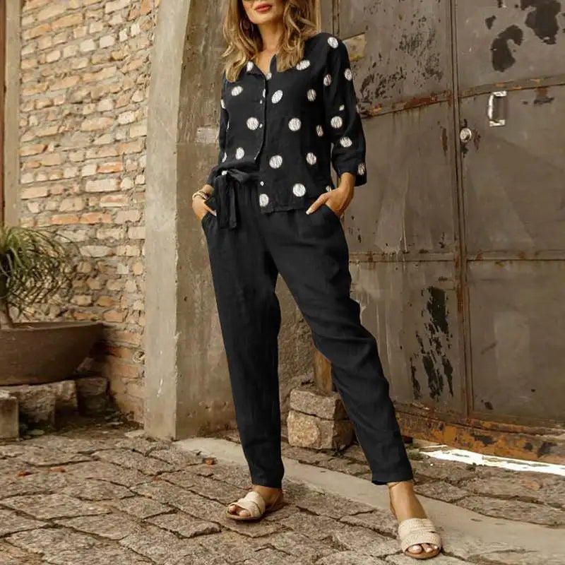 Pants Set- Cotton Lounge Set 3/4 Sleeve Women Blouse & Pencil Pants Outfit- - IndioGear.com