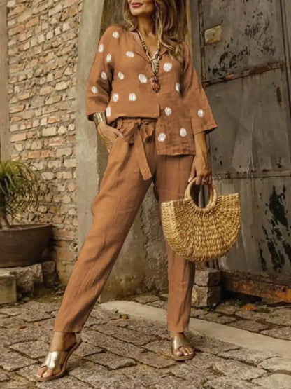 Pants Set- Cotton Lounge Set 3/4 Sleeve Women Blouse & Pencil Pants Outfit- Brown- IndioGear.com