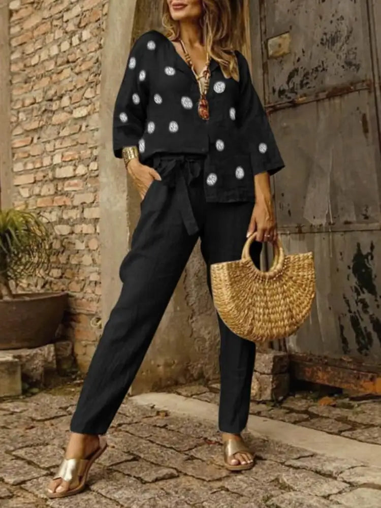 Pants Set- Cotton Lounge Set 3/4 Sleeve Women Blouse & Pencil Pants Outfit- Black- IndioGear.com