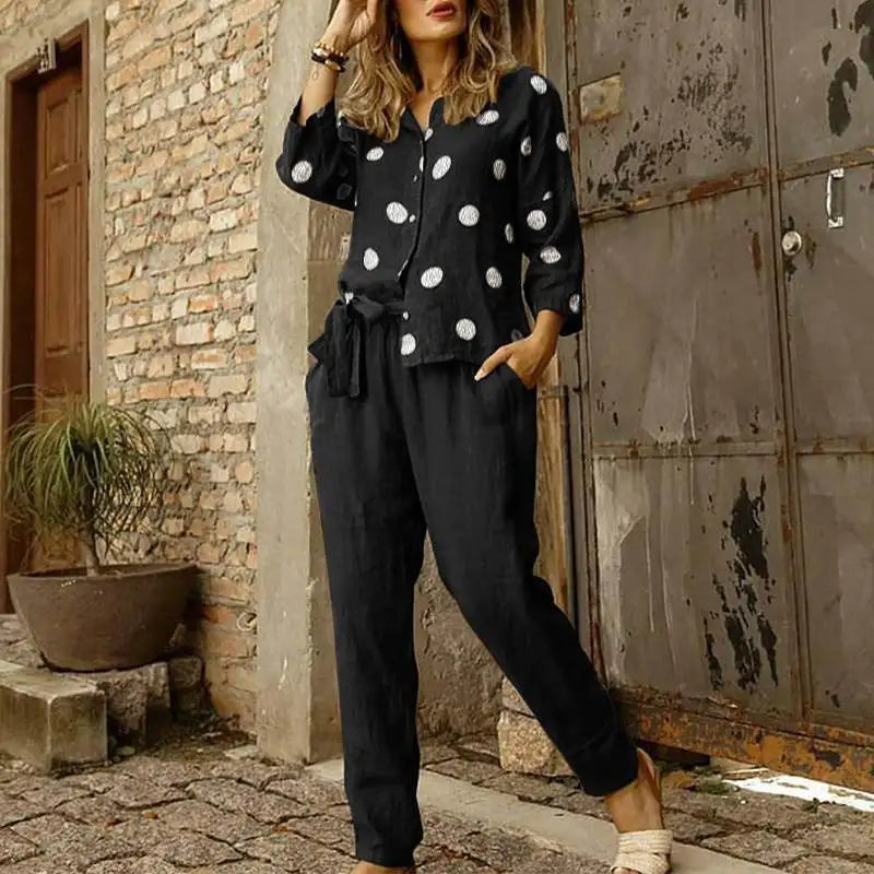 Pants Set- Cotton Lounge Set 3/4 Sleeve Women Blouse & Pencil Pants Outfit- - IndioGear.com