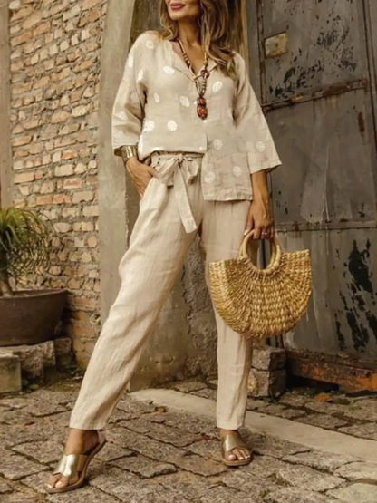 Pants Set- Cotton Lounge Set 3/4 Sleeve Women Blouse & Pencil Pants Outfit- Khaki- IndioGear.com