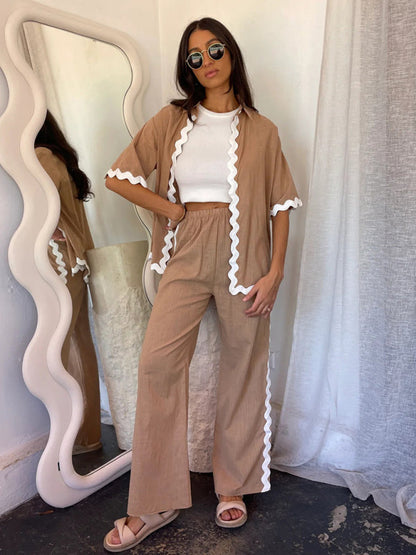 Pants Set- Relaxed Ric-Rac Trim Shirt & Pants Set - Women's Summer Vacay Attire- Camel- IndioGear Fashion and Gear