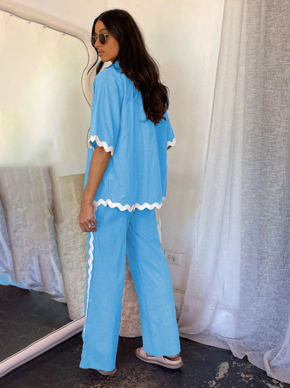 Pants Set- Relaxed Ric-Rac Trim Shirt & Pants Set - Women's Summer Vacay Attire- - IndioGear Fashion and Gear