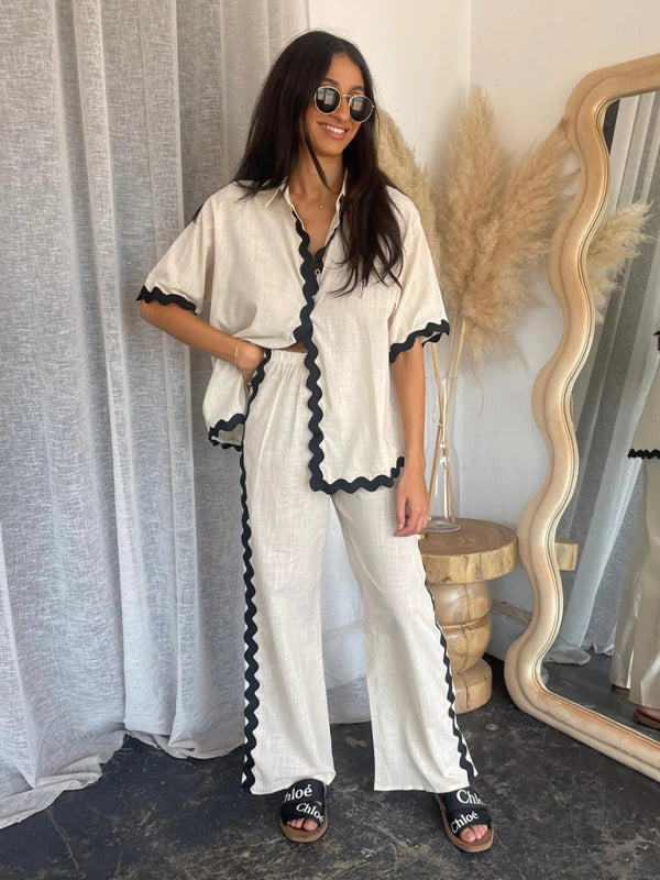 Pants Set- Relaxed Ric-Rac Trim Shirt & Pants Set - Women's Summer Vacay Attire- - IndioGear Fashion and Gear