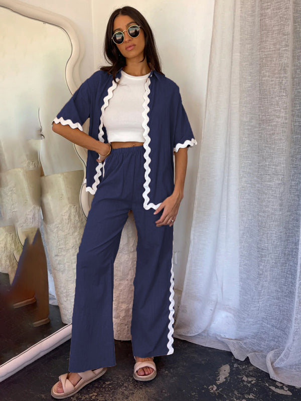 Pants Set- Relaxed Ric-Rac Trim Shirt & Pants Set - Women's Summer Vacay Attire- Champlain color- IndioGear Fashion and Gear