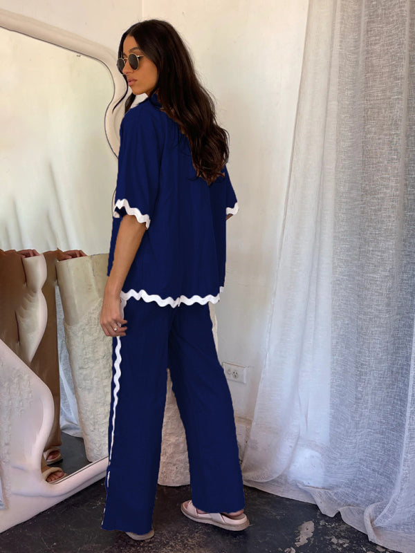 Pants Set- Relaxed Ric-Rac Trim Shirt & Pants Set - Women's Summer Vacay Attire- - IndioGear Fashion and Gear