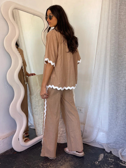 Pants Set- Relaxed Ric-Rac Trim Shirt & Pants Set - Women's Summer Vacay Attire- - IndioGear Fashion and Gear