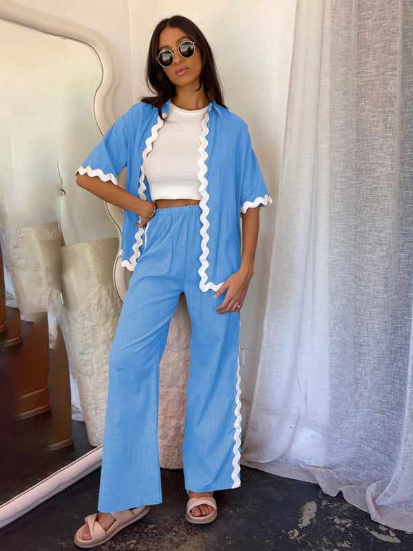 Pants Set- Relaxed Ric-Rac Trim Shirt & Pants Set - Women's Summer Vacay Attire- Sky blue azure- IndioGear Fashion and Gear