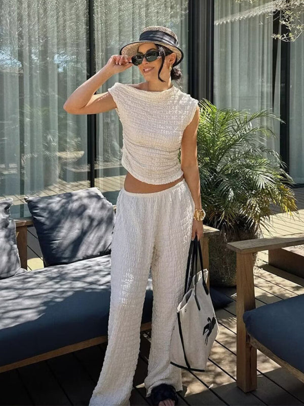 Pants Set- Relaxed Textured Women's One-Shoulder Top & Vacation Pants Set- Cream- IndioGear Fashion and Gear