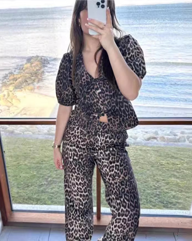 Pants Set- Vacay Animal Print 2 Piece Outfit with Bow-Tie Blouse & Wide Waist Pants- - IndioGear Fashion and Gear