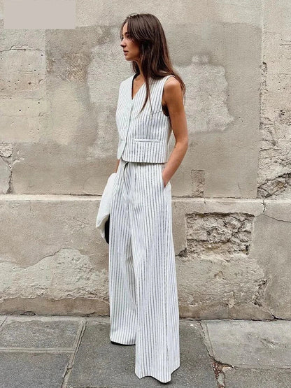 Pants Set- Vertical Stripes Women's Pants 2-Piece Set with V-Neck Vest- White- IndioGear.com