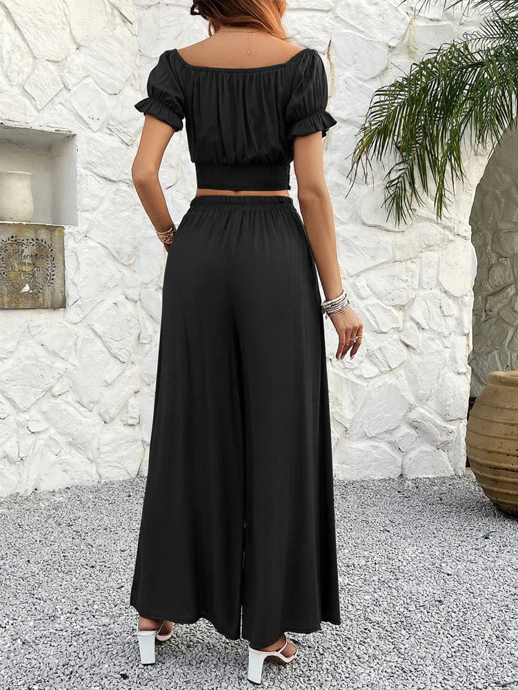 Pants Set- Women Boho Crop Flowy Top and Wide-Leg Cape Knot Pants Set- - IndioGear.com