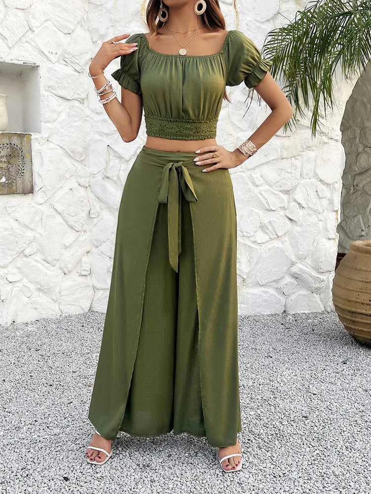 Pants Set- Women Boho Crop Flowy Top and Wide-Leg Cape Knot Pants Set- Green- IndioGear.com