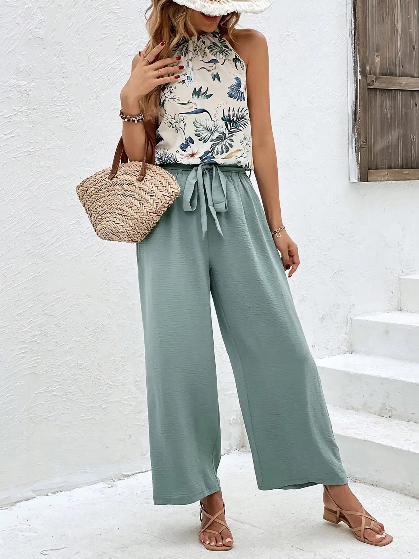 Pants Set- Women Floral Halter & Teal Wide-Leg Pants Set- - IndioGear.com