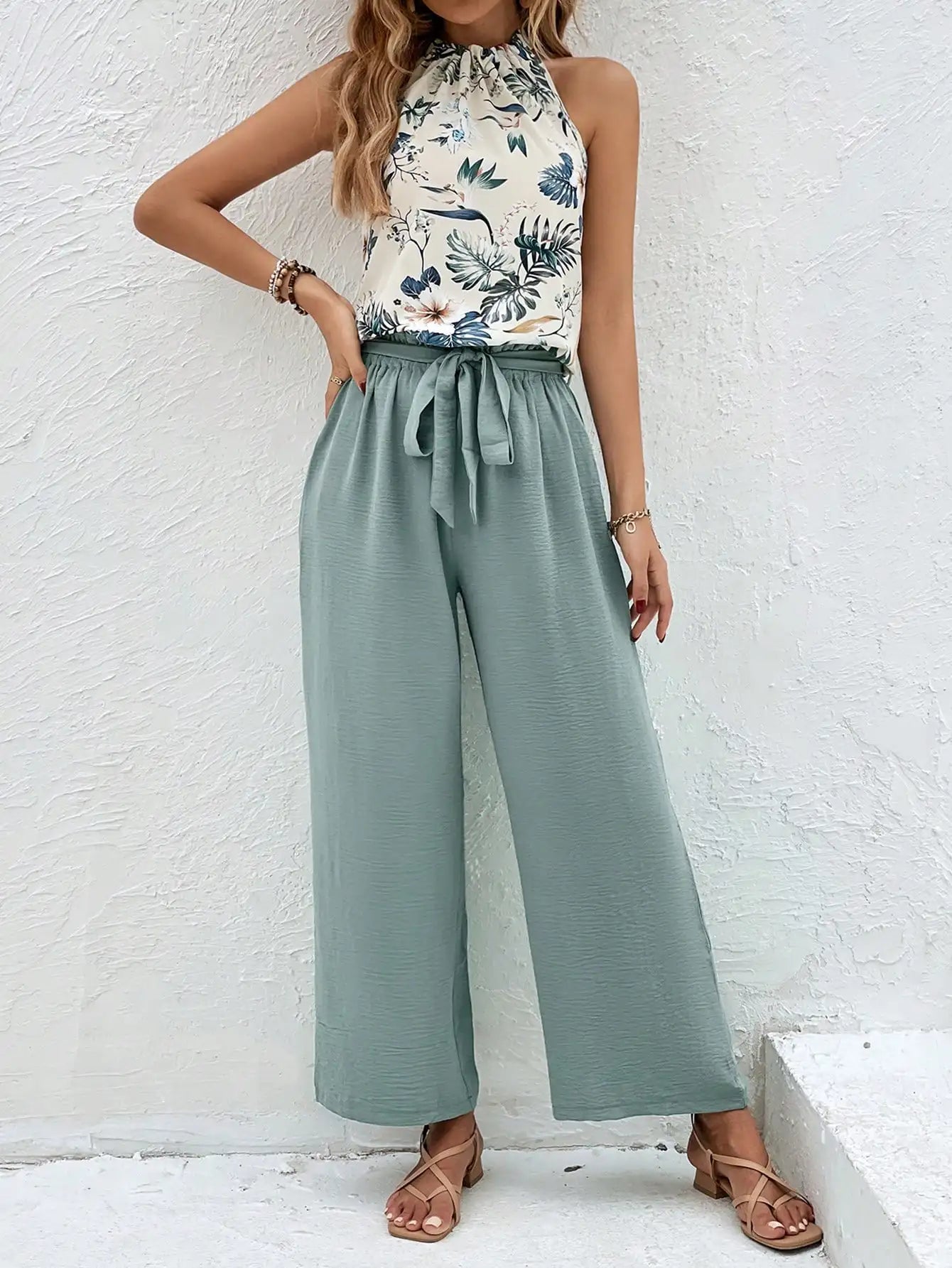 Pants Set- Women Floral Halter & Teal Wide-Leg Pants Set- - IndioGear.com