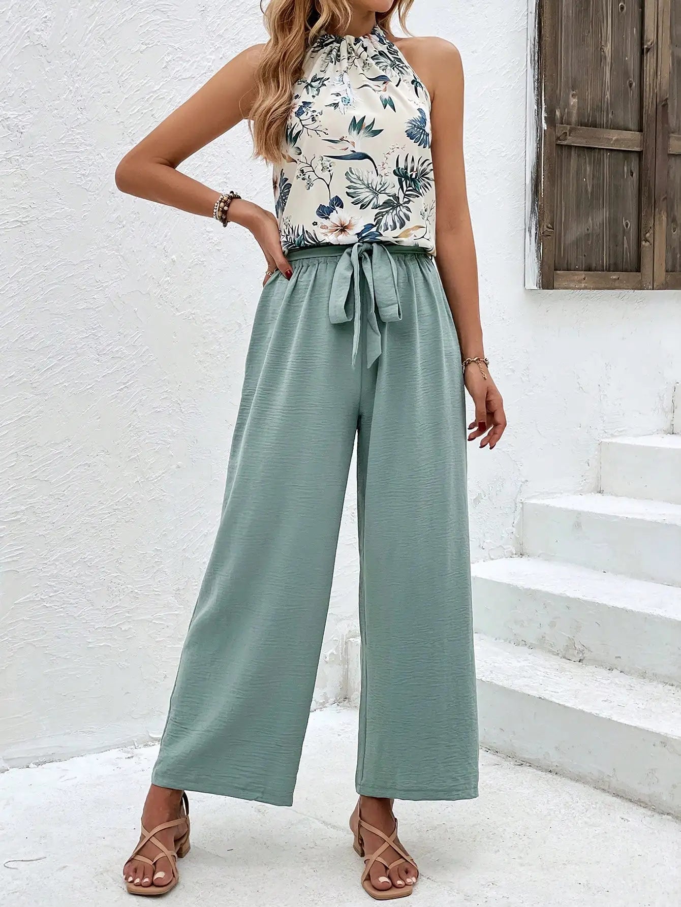 Pants Set- Women Floral Halter & Teal Wide-Leg Pants Set- - IndioGear.com