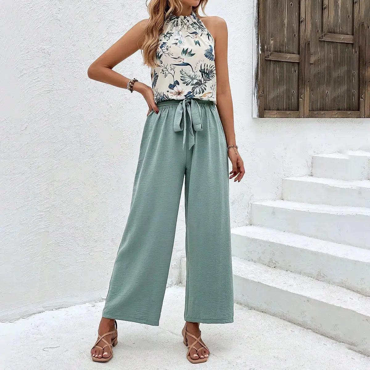 Pants Set- Women Floral Halter & Teal Wide-Leg Pants Set- - IndioGear.com