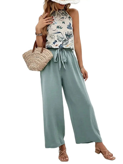 Pants Set- Women Floral Halter & Teal Wide-Leg Pants Set- Light Green- IndioGear.com