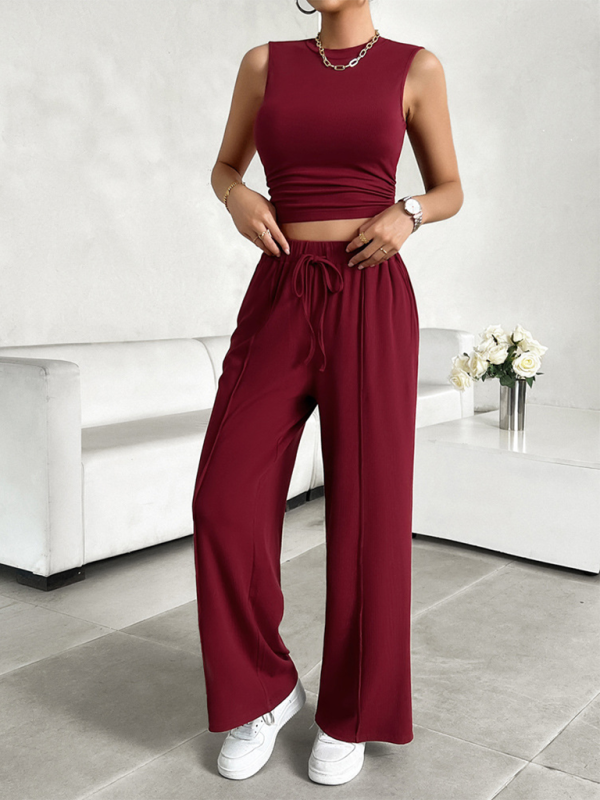 Pants Set- Women Two-Piece Pants & Crop Top Set - Transition from Day to Night- Wine Red- IndioGear.com