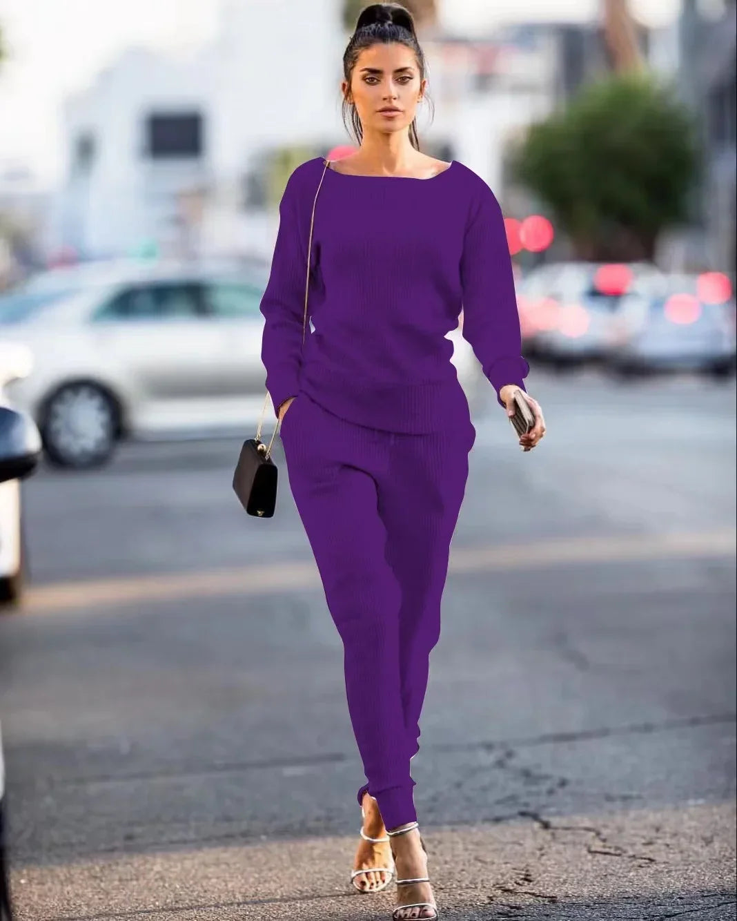 Pants Sets- Casual Matching Set 2 Piece Long-Sleeve Top & Tapered Pants- Purple- IndioGear.com