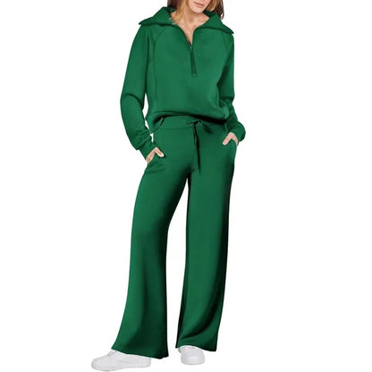 Pants Sets- Comfy Loungewear Set Pants and Quarter-zip Sweatshirt- Green- IndioGear.com