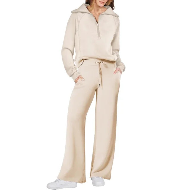 Pants Sets- Comfy Loungewear Set Pants and Quarter-zip Sweatshirt- Beige- IndioGear.com