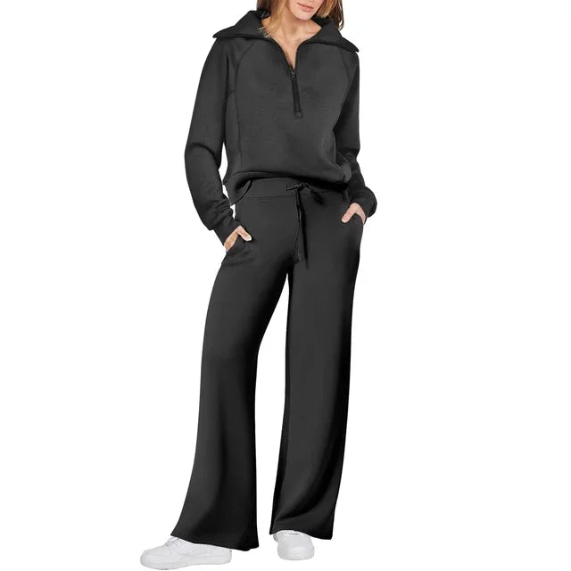 Pants Sets- Comfy Loungewear Set Pants and Quarter-zip Sweatshirt- Black- IndioGear.com