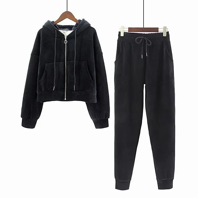 Pants Sets- Velour Hoodie & Joggers Set Lounge Velvety Tracksuit- - IndioGear Women Clothing