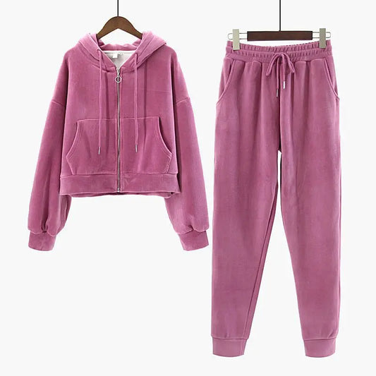 Pants Sets- Velour Hoodie & Joggers Set Lounge Velvety Tracksuit- pink- IndioGear Women Clothing