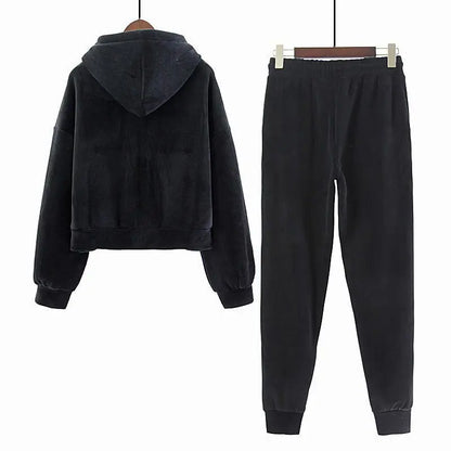 Pants Sets- Velour Hoodie & Joggers Set Lounge Velvety Tracksuit- - IndioGear Women Clothing