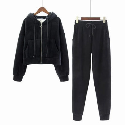 Pants Sets- Velour Hoodie & Joggers Set Lounge Velvety Tracksuit- black- IndioGear Women Clothing