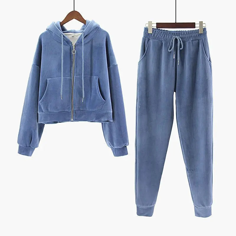 Pants Sets- Velour Hoodie & Joggers Set Lounge Velvety Tracksuit- blue- IndioGear Women Clothing