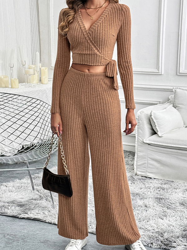 Pants Sets- Women Ribbed Coffee Outfit Flared Pants and Crop Top- - IndioGear.com