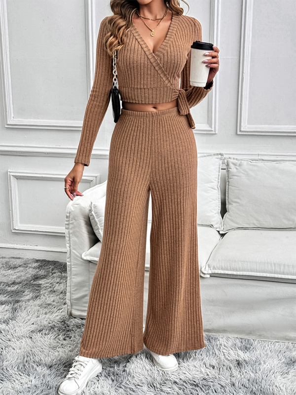 Pants Sets- Women Ribbed Coffee Outfit Flared Pants and Crop Top- - IndioGear.com